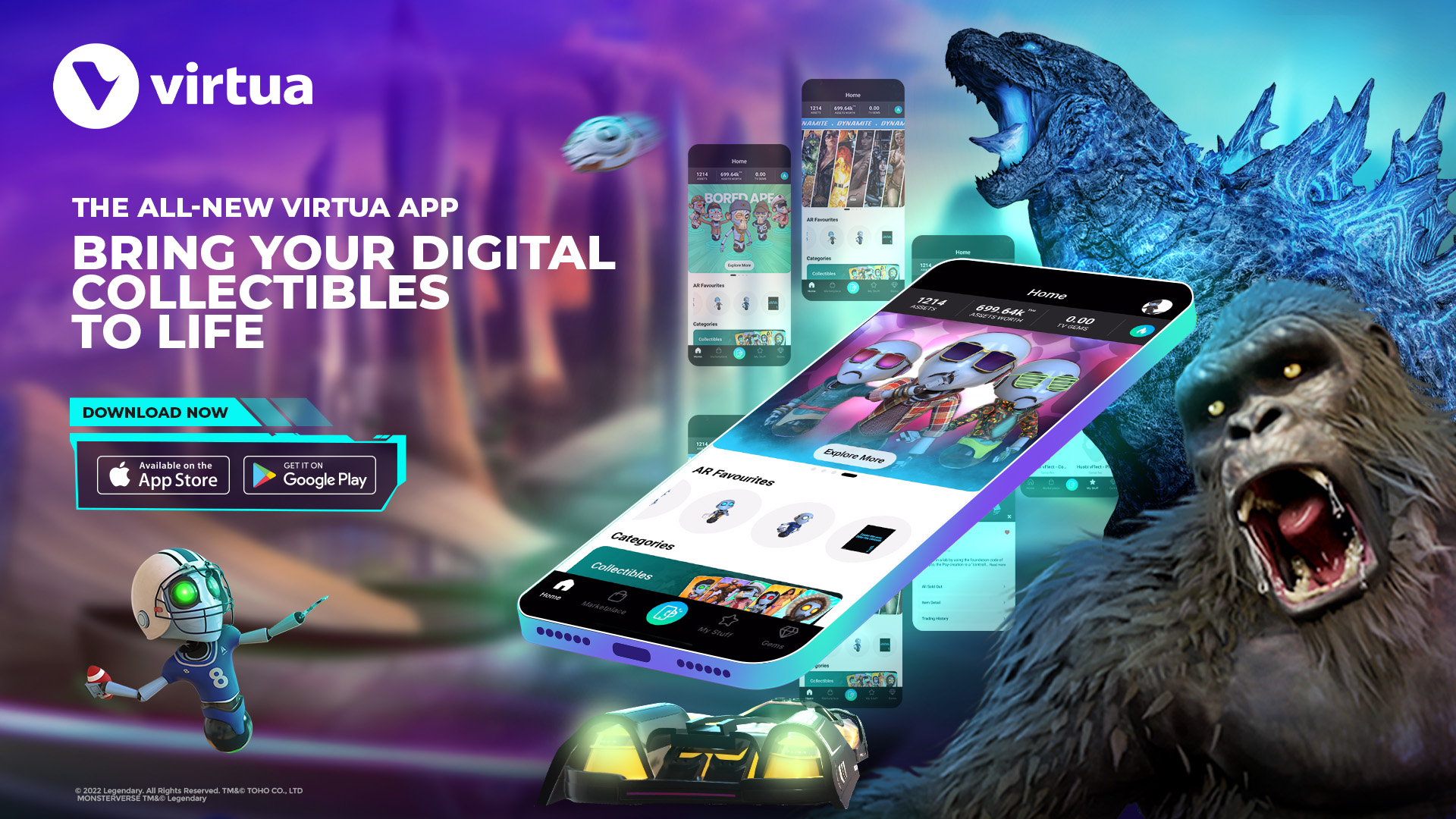 Virtua Metaverse Mobile App NFTs VFLECT Godzilla Kong Smartphone Featured Image 2